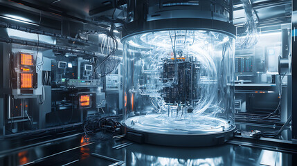 Aufkleber - A futuristic laboratory with a large, glowing, cylindrical machine in the center. The machine appears to be a complex quantum computer system with numerous wires 