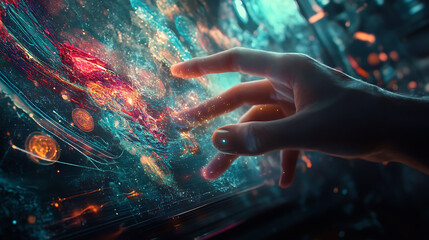 Aufkleber - A hand reaches out to touch a glowing, colorful, futuristic interface, creating a sense of exploration and discovery.