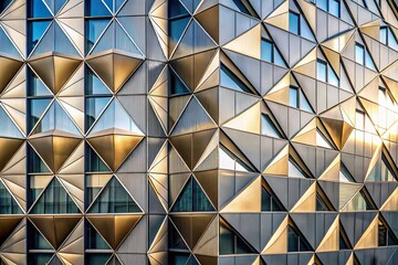 Modern building facade with abstract geometric patterns and sleek metallic surfaces