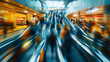 © Prasanth - Abstract peolple shopping, motion blur 3d image of anonymous crowd walking modern busy shopping mall department store, trendy urban city escalator background, retail commerce sale discount business.