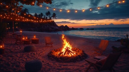 Aufkleber - A beach scene with a fire pit and chairs