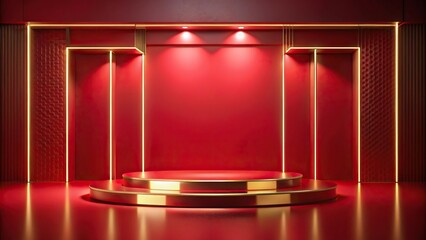 Modern minimalist presentation stage with red and gold theme