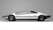 © Tonadech - Futuristic silver car with 70s-inspired bold typography and clean white minimal background