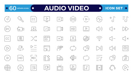 Wall Mural - Audio and video web icons set in Outline design. Pack of camera movie, voice, radio, music streaming, photography, headphones, cinema, podcast, broadcasting, and others. Editable stroke outline icon.
