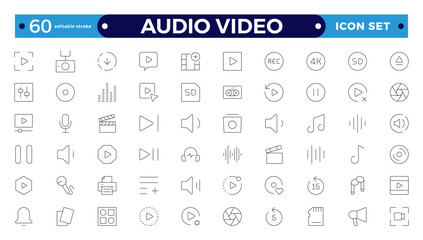 Wall Mural - Audio and video web icons set in Outline design. Pack of camera movie, voice, radio, music streaming, photography, headphones, cinema, podcast, broadcasting, and others. Editable stroke outline icon.
