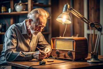 An older man is sitting at a table with a radio