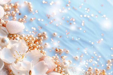 Poster - Delicate white flowers and shimmering pearls are artfully scattered against a calming blue backdrop, creating a harmonious and elegant aesthetic for branding or marketing purposes