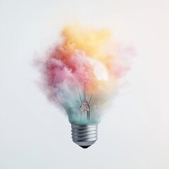 A vibrant light bulb emitting colorful clouds of dust in a minimalist design against a transparent background