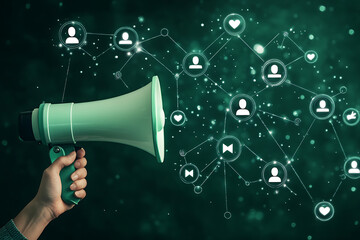 Poster - A hand holding a megaphone, projecting social media icons and connections.