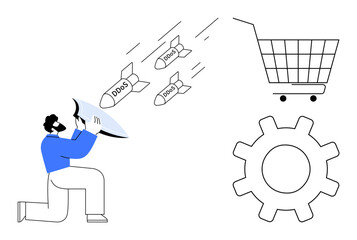 A person shields against three missiles labeled DDoS targeting a shopping cart and a gear symbol. Ideal for online security, cyber threats, e-commerce protection, tech defense, and digital safety