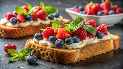 Morning dessert toast with berries and cream in panoramic view