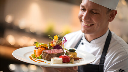 Chef holding a plate of beautifully arranged gourmet food, with a satisfied smile, symbolizing high food expectations and culinary excellence.