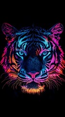  Neon Light Tiger Art, Abstract Image, Texture, Pattern Background, Wallpaper, Cover and Screen for Smartphone, PC, Laptop, 9:16 and 16:9 Format
