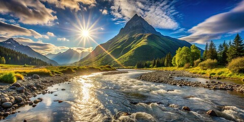 Mountain and river landscape with sun setting, illustrating climate change and global warming