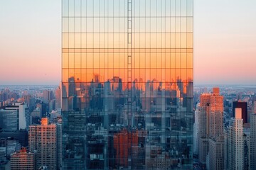 A stunning urban sunset reflects off a glass building, showcasing a city skyline bathed in warm, vibrant colors.