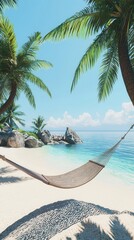 A serene beach scene featuring a hammock between palm trees, clear water, and gentle waves, perfect for relaxation and escape.