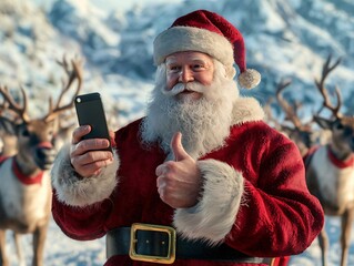 Cheerful Santa Claus taking a selfie in a snowy landscape with reindeer, celebrating the holiday spirit with joy.