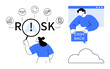 © robu_s - Person examining risk factors magnified with icons of finance and security. Another person displaying a cashback sign. Background has a cloud icon. Ideal for finance, business strategy, risk