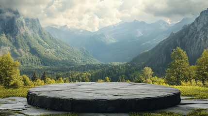 Scenic view of a stone platform amidst lush greenery and majestic mountains under a cloudy sky, ideal for nature and travel themes.