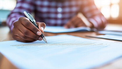 Aufkleber - business professional reviewing portfolio and taking notes with pen. focused expression highlights importance of task at hand, showcasing diligent work environment