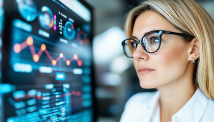 Poster - focused businesswoman analyzes data on computer screen, illuminated by glow of digital graphs and statistics. Her concentration reflects importance of her work