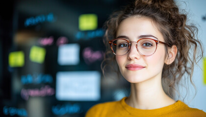 Poster - Creative brainstorming session with young woman wearing glasses, surrounded by colorful notes and ideas. Her expression reflects focus and inspiration