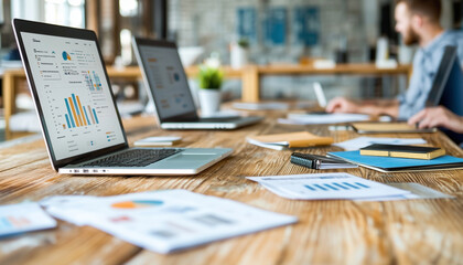 Poster - modern workspace featuring laptops displaying data analytics, charts, and reports. environment is collaborative, with professionals engaged in discussions and planning