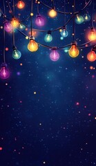 Canvas Print - vibrant string lights hanging against a dark blue background with colorful bokeh creating a festive 