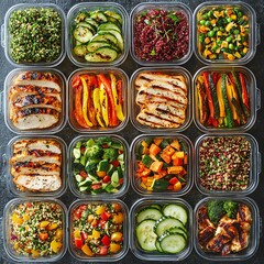 Organized plastic containers filled with colorful meal prep dishes, grilled chicken, roasted vegetables, and quinoa, overhead view