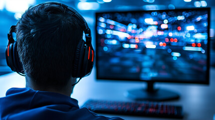 Gamer wearing headphones, focused on computer screen displaying vibrant graphics in modern gaming setup. atmosphere is immersive and engaging, perfect for gaming enthusiasts