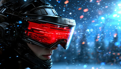 Poster - futuristic female gamer wearing high tech helmet with glowing red lights, set against dynamic, colorful background. scene conveys excitement and innovation in gaming