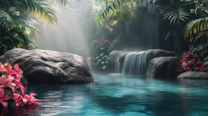 Tranquil Waterfall Cascading into a Lush Tropical Pool