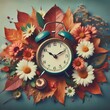 © R-CHUN - Retro alarm clock surrounded by autumn leaves and flowers, symbolizing the passage of time and seasonal change. Concept of time, autumn, and nostalgia.