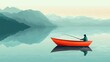 © logyartstudios - A lone fisherman in a red boat on a calm lake with mountains in the background.