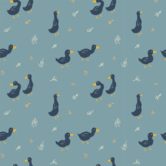 Wall Mural - Cute Cartoon Duck Seamless Pattern, Vector Illustration Background