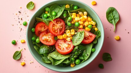 Sticker - Fresh salad with spinach, tomatoes, corn and peas in a green bowl on pink background