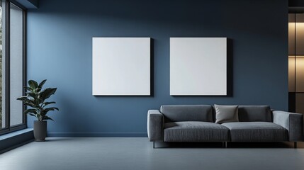 Poster - A modern living room featuring a grey couch, two blank canvases, and large windows allowing natural light to enter.