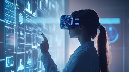 Poster - Woman in VR headset interacting with digital data