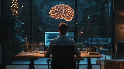 Poster - A person sits in a dark room, coding at a computer, while a glowing brain symbol hovers above, symbolizing creativity and intelligence.