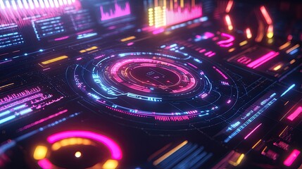 Poster - Futuristic Interface with Glowing Neon Lights and Digital Displays