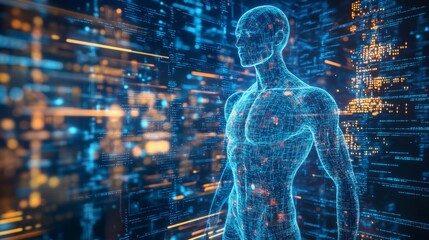 Poster - A digital representation of a human figure surrounded by vibrant data streams, symbolizing the fusion of technology and human existence.