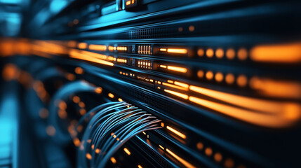 Wall Mural - Close-up view of illuminated data center server racks with glowing orange lights and network cables in a technology environment.