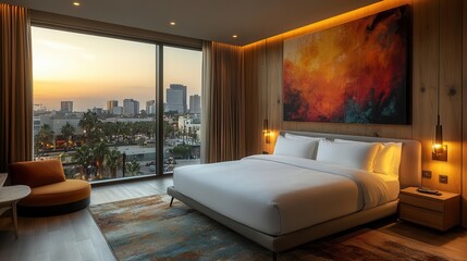 Canvas Print - stylish modern hotel bedroom featuring a plush bed positioned near a large window with a mockup wall showcasing contemporary art and soft inviting colors