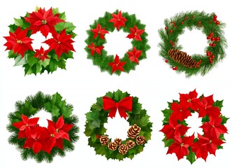 Wall Mural - Six festive Christmas wreaths with red poinsettias and pine cones.