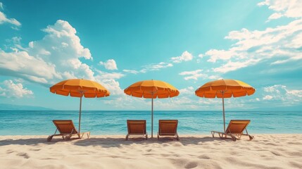 Poster - Three beach umbrellas are set up on the sand, with chairs underneath them