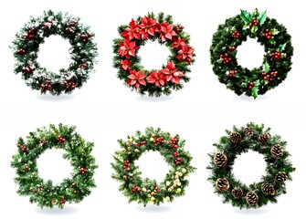 Sticker - Six different Christmas wreaths, each with unique decorations.