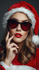 Wall Mural - Portrait of a beautiful woman model in a Santa Claus costume with a red hat and sunglasses. Modern concept of Christmas and New Year celebration
