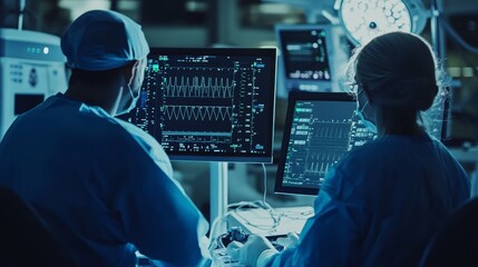 Two healthcare professionals analyzing vital signs on monitors in a hospital setting.