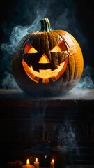 Halloween pumpkin head Jack o lantern with candles on dark background. Halloween background smoke with pumpkin and bats. Halloween concept 