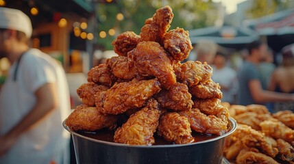 A Pile of Fried Chicken Wings in a Metal Bowl with Sauce